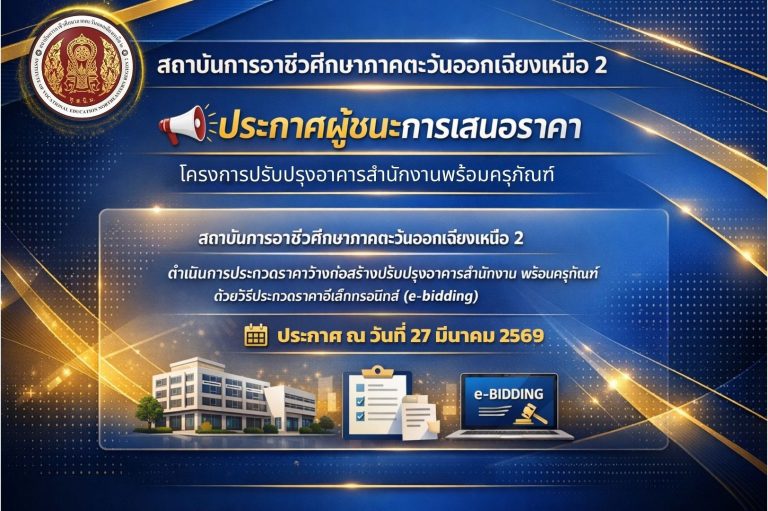 📣 [27/03/2569] สถาบันการอาชีวศึกษาภาคตะวันออกเฉียงเหนือ 2 ประกาศผู้ชนะการเสนอราคาในการประกวดราคาจ้างก่อสร้างโครงการปรับปรุงอาคารสำนักงานพร้อมครุภัณฑ์ ณ ตำบลธาตุเชิงชุม อำเภอเมืองสกลนคร จังหวัดสกลนคร ด้วยวิธีประกวดราคาอิเล็กทรอนิกส์ (e-bidding)